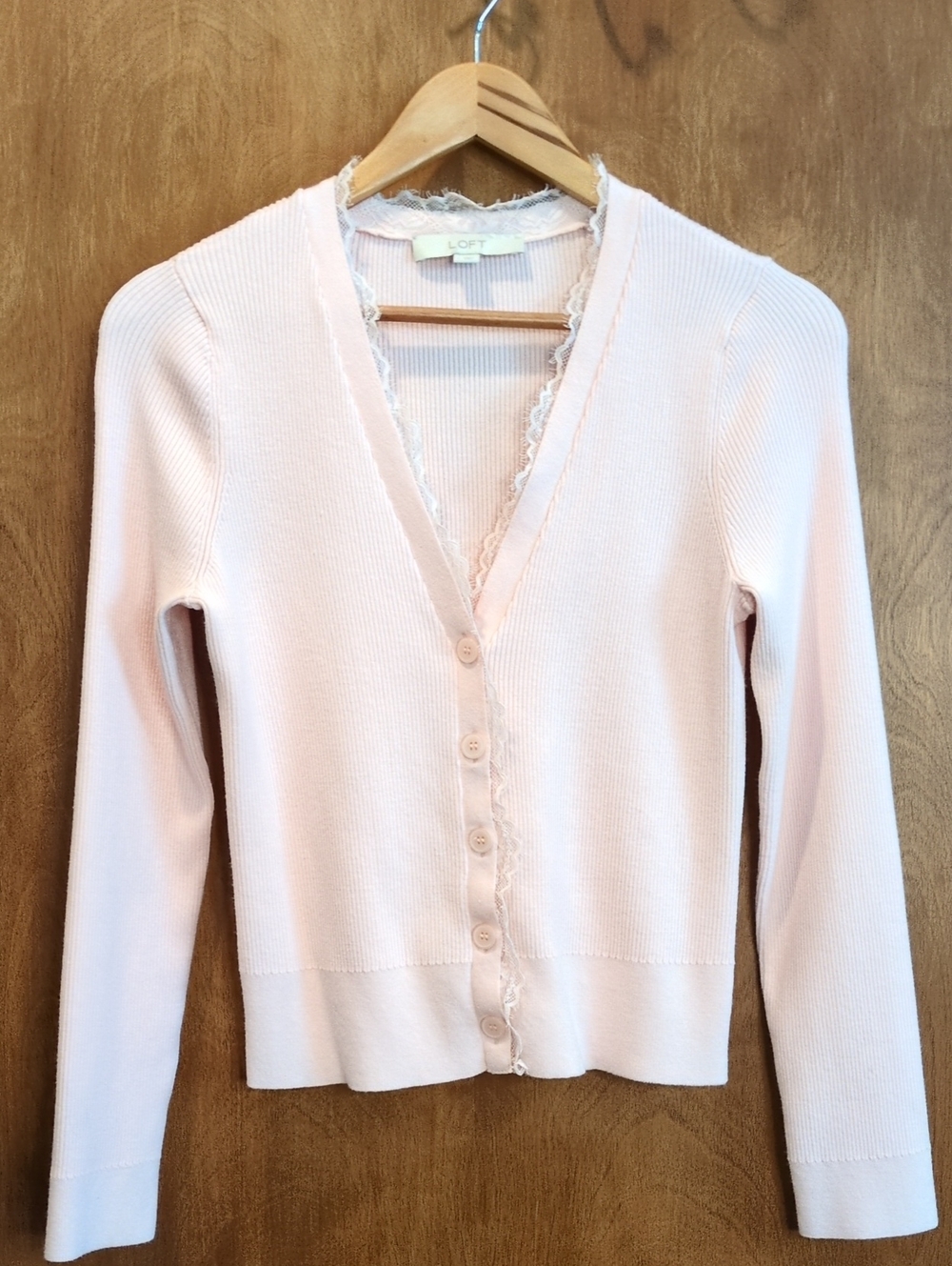 LOFT Light Pink Lace-Trim Button-Up Cardigan Size L